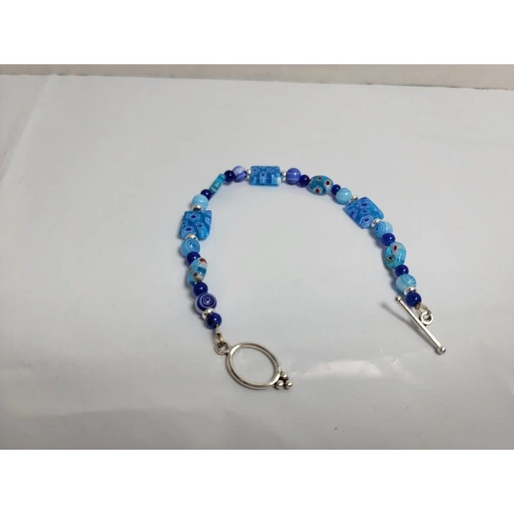 Blue Millefiori Style Beaded Bracelet Silver Tone Toggle Clasp Boho Jewelry
